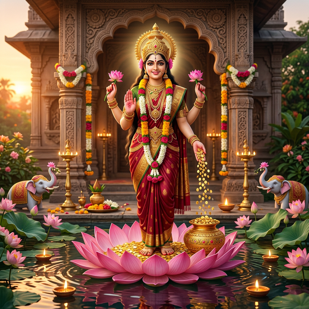 Goddess Lakshmi in red sari on lotus with gold coins and lotus flowers at temple pond