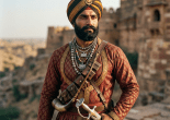 Man wearing a turban and traditional warrior clothing holding a curved sword in front of a historic fort