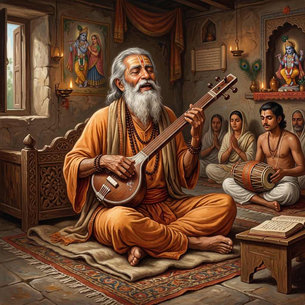 Elderly sage playing veena with disciples chanting and playing percussion in a temple room