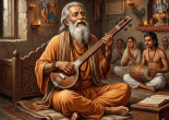 Elderly sage playing veena with disciples chanting and playing percussion in a temple room