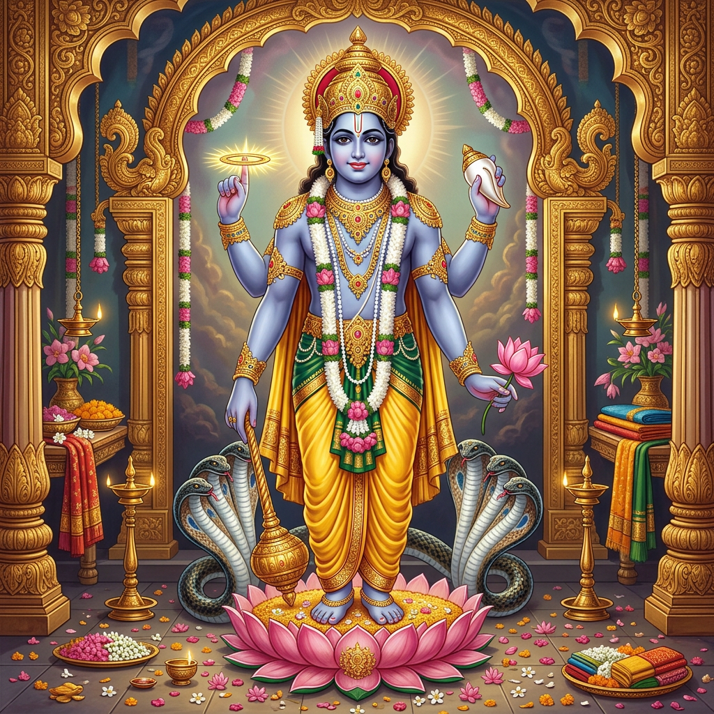 Hindu god Vishnu with four arms holding a disc, conch, mace, and lotus, standing on a lotus flower with cobras behind, in a golden temple.