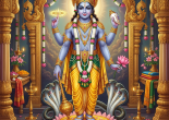 Hindu god Vishnu with four arms holding a disc, conch, mace, and lotus, standing on a lotus flower with cobras behind, in a golden temple.
