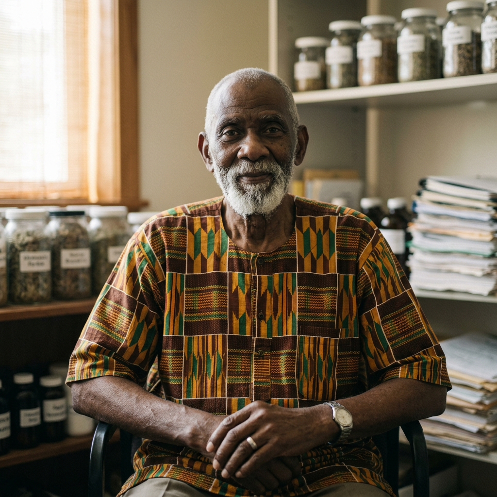Elderly man wearing patterned traditional shirt sitting in a room with jars of herbs and shelves of papers