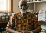 Elderly man wearing patterned traditional shirt sitting in a room with jars of herbs and shelves of papers