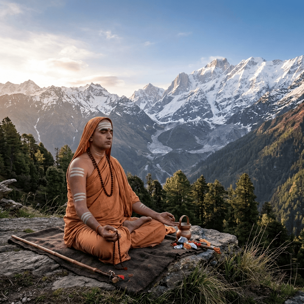 Monk meditating on a rocky overlook with snow-covered mountains