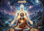 Meditating sage beneath cosmic tree with text “आत्मा शरीरस्य स्वामी तत्त्वमसि”
