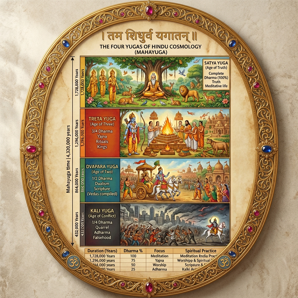 Illustrated chart titled The Four Yugas of Hindu Cosmology, showing Satya, Treta, Dvapara, and Kali Yuga